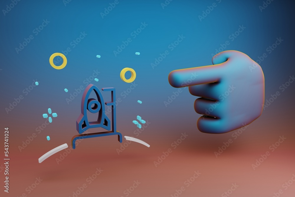 Aufkleber Beautiful illustrations abstract Hand index finger points to Rocket and start symbol icon on a multicolor bright background. 3d rendering illustration. Background pattern for design. Space explorati
