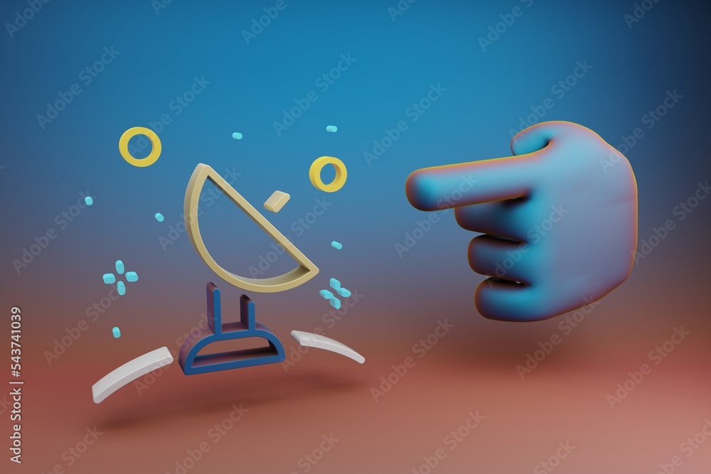 Aufkleber Beautiful illustrations abstract Hand index finger points to Satellite and start symbol icon on a multicolor bright background. 3d rendering illustration. Background pattern for design. Space explorat