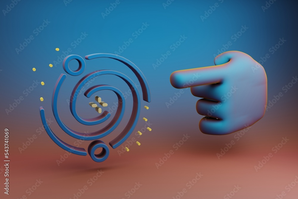 Poster Beautiful illustrations abstract Hand index finger points to Galaxy and start symbol icon on a multicolor bright background. 3d rendering illustration. Background pattern for design. Space explora
