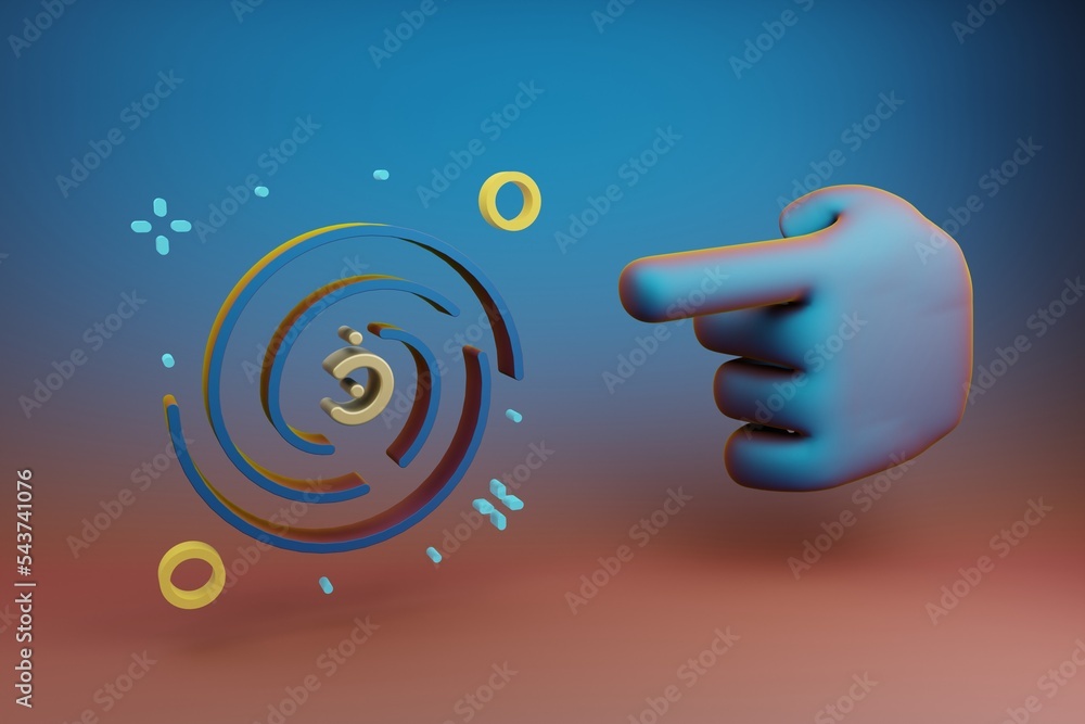 Poster Beautiful illustrations abstract Hand index finger points to Galaxy  symbol icon on a multicolor bright background. 3d rendering illustration. Background pattern for design. Space exploration.