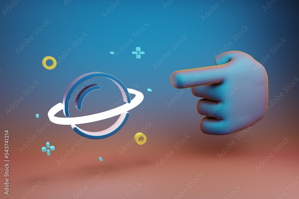 Poster Beautiful illustrations abstract Hand index finger points to Saturn and start symbol icon on a multicolor bright background. 3d rendering illustration. Background pattern for design. Space exploration