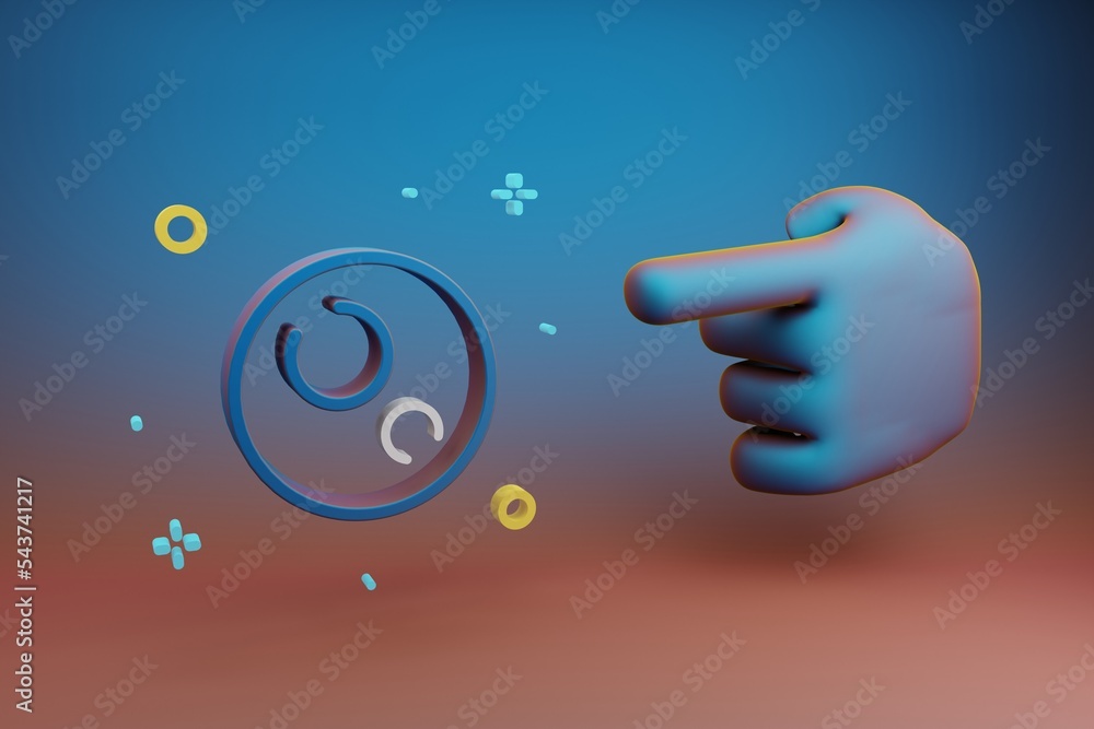 Poster beautiful illustrations abstract hand index finger points to planet and start symbol icon on a multi