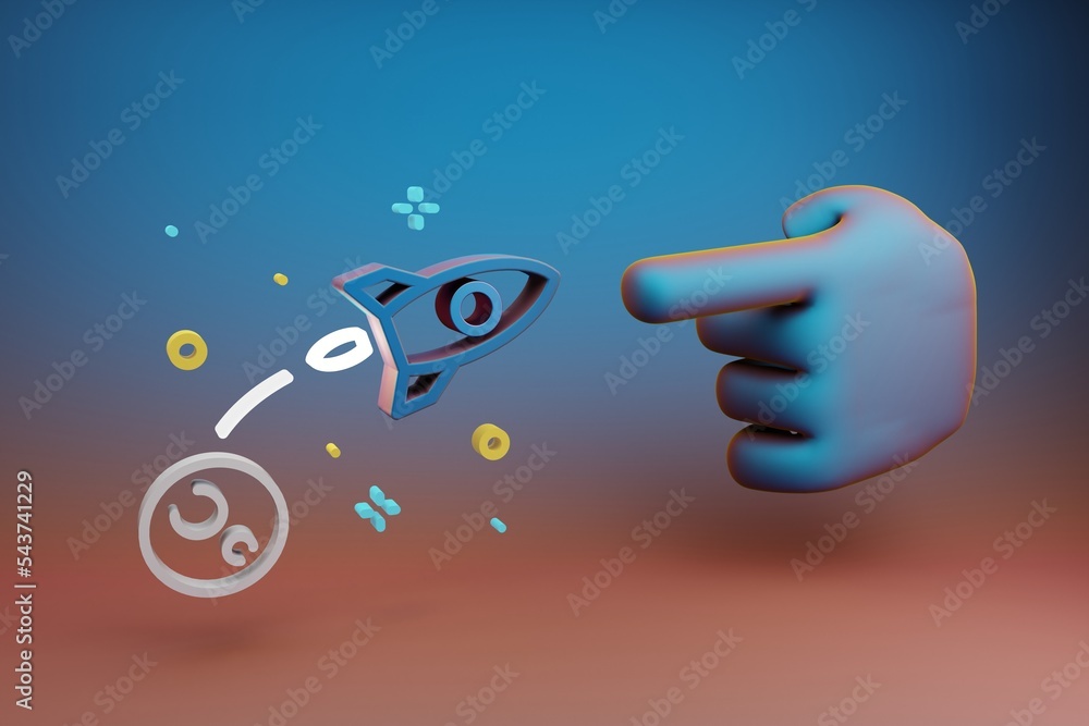 Poster Beautiful illustrations abstract Hand index finger points to Rocket Launch symbol icon on a multicolor bright background. 3d rendering illustration. Background pattern for design. Space exploration.