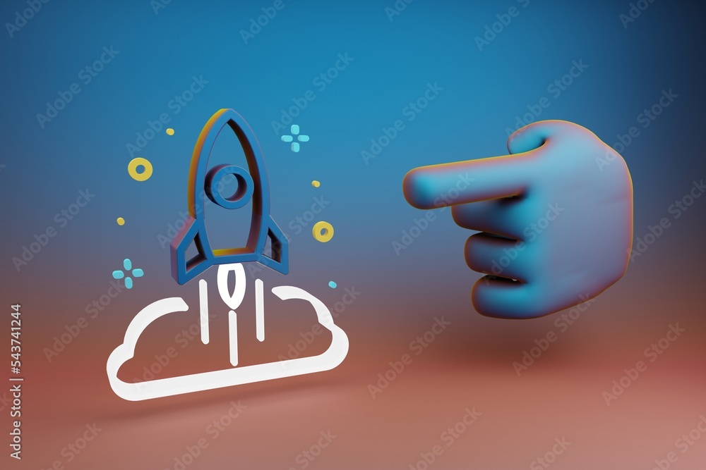Poster Beautiful illustrations abstract Hand index finger points to Rocket Launch and start symbol icon on a multicolor bright background. 3d rendering illustration. Background pattern for design. 