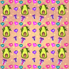 Avocado girl pattern with a bow and heart shaped balloons, gift boxes on a starry background