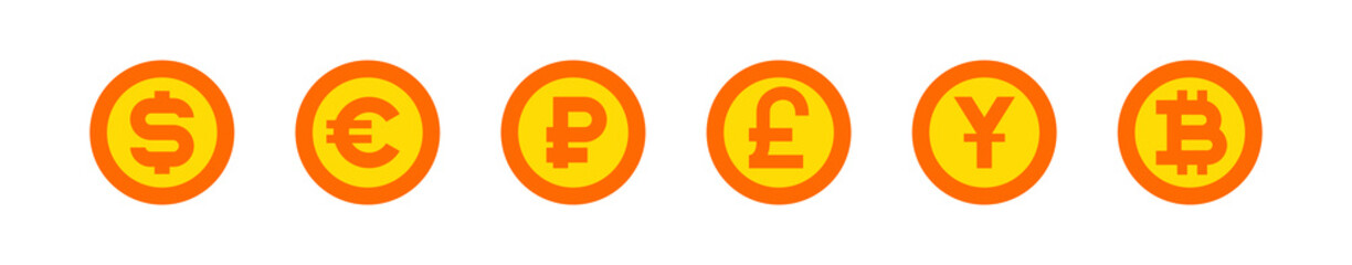 Yellow coin icon currencies dollar, euro, rubble, pound, yuan and bitcoin vector illustration