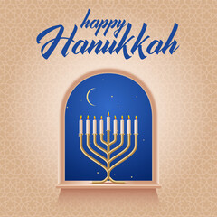 Hanukkah menorah traditional candelabrum standing on the window sill against the background of the night sky with lettering text Happy Hanukkah vector illustration