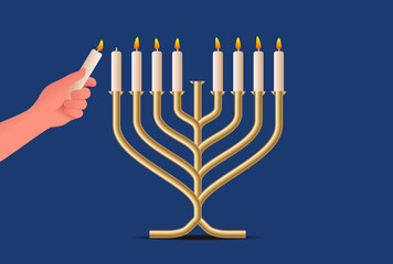 Hand lights a menorah of candles for Jewish festival of lights Hanukkah, realistic isolated vector illustration