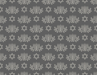 Hanukkah menorah with branches olive and star of David in line style seamless pattern vector illustration