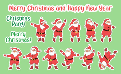Fun Santa Claus dancing character set. Winter party active old senior man. Quirky Santa funky gnome crazy dance Christmas stickers. 
