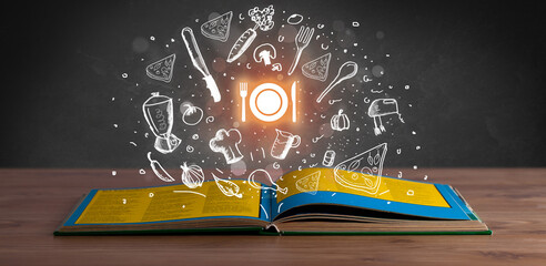 Open recipe book with food related icons above