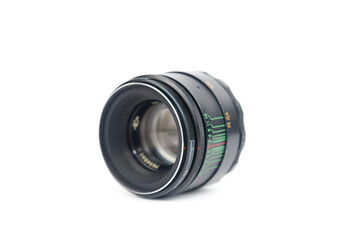 Vintage lens Helios 44-2 close-up. On a white background. Made in USSR. (October 3, 2022, Ukraine)