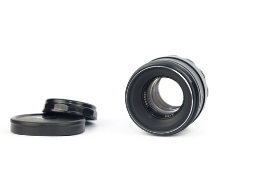 Vintage lens Helios 44-2 close-up. On a white background. Made in USSR. (October 3, 2022, Ukraine)