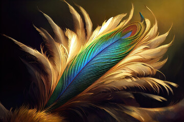 beautiful colorful background of firebird feathers. Abstract background, blurred bokeh, feather.
