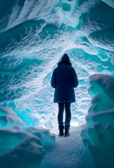 Person standing in an ice cave illustration
