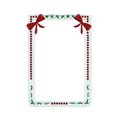Fototapeta premium Christmas frame with holly branches, red bow, garland lights, necklace on white background, set of template frame for Christmas greetings in cartoon style