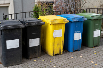 Black, blue, yellow, green garbage recycling bins on street in city. Separate waste, preserve the environment concept. Segregate waste, sorting garbage. Colored trash cans with paper, glass, plastic