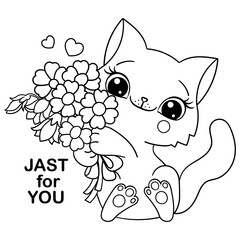 Kitten with flowers.Text Only for you.Black and white linear illustration. For the design of coloring books, postcards, stickers, puzzles and so on. Vector