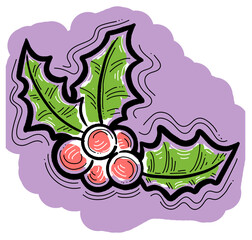 Mistletoe leaves and berries decorative element for Christmas and new year design. Traditional winter holidays green and red decoration. Hand drawn illustration, line style drawing.