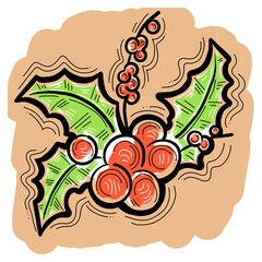 Mistletoe leaves and berries decorative element for Christmas and new year design. Traditional winter holidays green and red decoration. Hand drawn illustration, line style drawing.