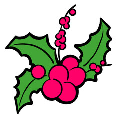 Mistletoe leaves and berries decorative element for Christmas and new year design. Traditional winter holidays green and red decoration. Hand drawn illustration, line style drawing.