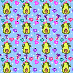 Avocado girl pattern with a bow and heart shaped balloons, gift boxes on a blue starry background