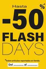 tarjeta o pancarta para días flash hasta un 50 % de descuento en artículos marcados en la tienda en negro, todo sobre un fondo amarillo