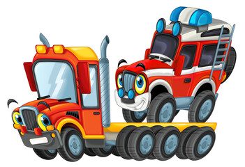 happy cartoon tow truck driver and other vehicle car isolated on white illustration for children
