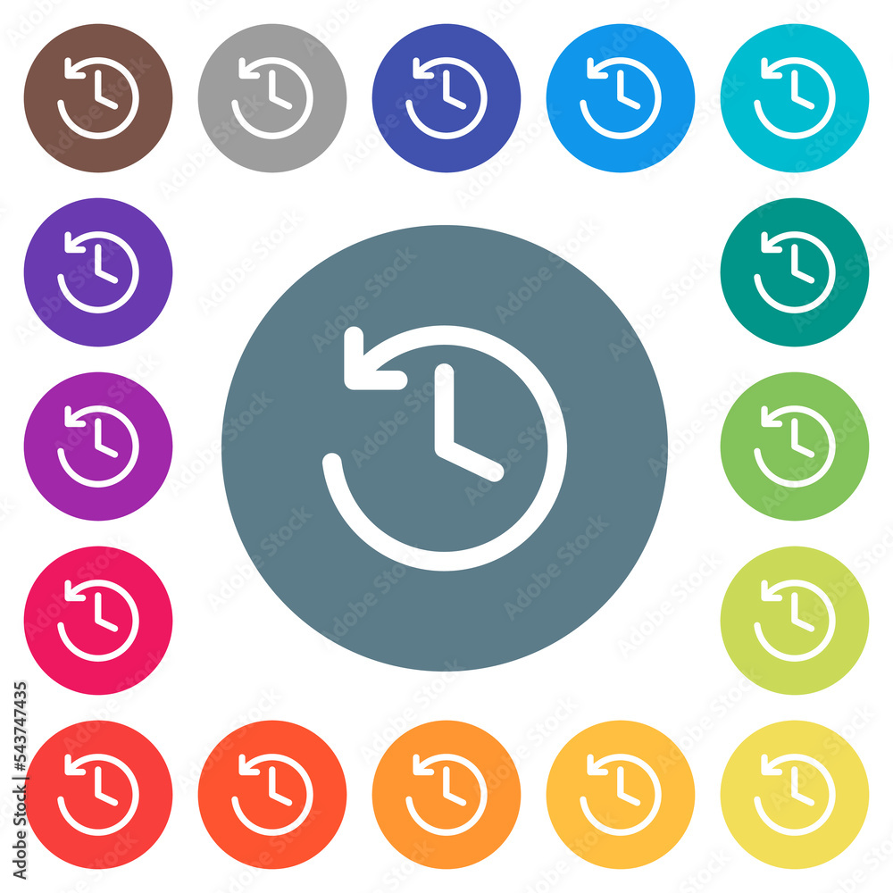 Poster circle shaped backward arrow and clock flat white icons on round color backgrounds