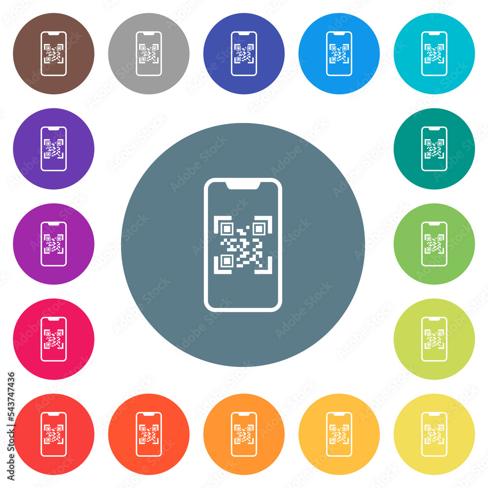 Poster qr code scanning on modern smartphone flat white icons on round color backgrounds