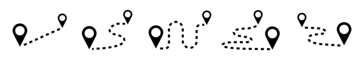 Conjunto de iconos de ruta de viaje. Símbolo de ubicación. Punto de partida y llegada, trayecto. Ilustración vectorial © Frank