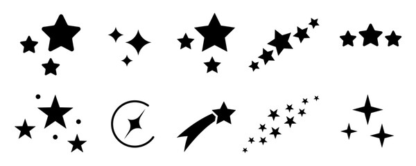 Conjunto de iconos de estrellas, brillo y luces. Estrellas negras decorativas. Ilustración vectorial