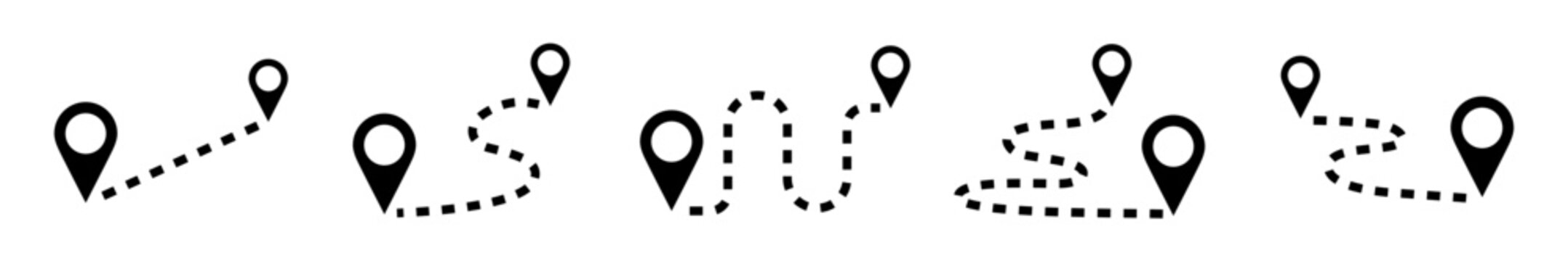 Conjunto de iconos de ruta de viaje. S&iacute;mbolo de ubicaci&oacute;n. Punto de partida y llegada, trayecto. Ilustraci&oacute;n vectorial