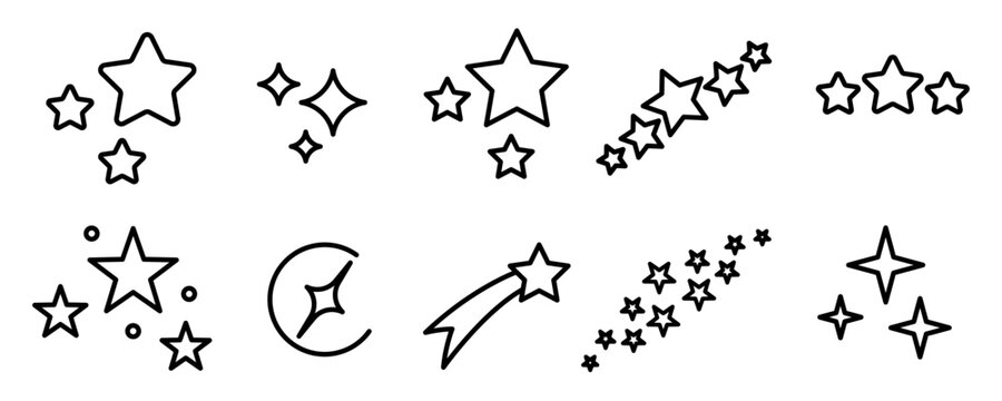 Conjunto de iconos de estrellas, brillo y luces. Estrellas decorativas. Ilustración vectorial