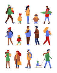 People in winter. Vector set of cartoon people in winter clothes. Men, women and children in outwear walking with gifts, Fir tree. Holidays activities. Characters illustration. Christmas celebration