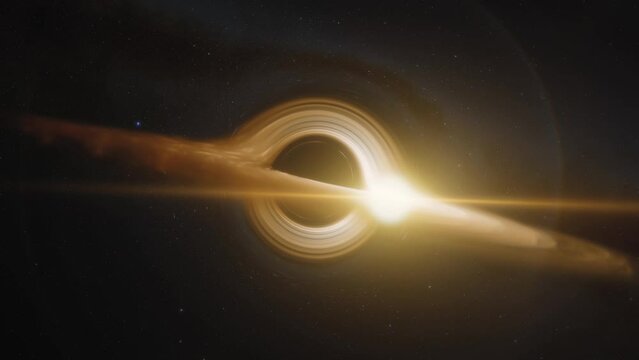 Cinematic animation of supermassive black hole. Accretion disk of matter on the event horizon of black hole. Space, light and time are distorted by strong gravity on the event horizon