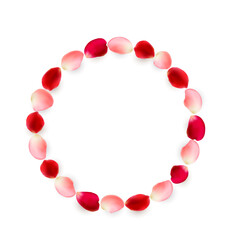 Round frame made of rose petals. Red and pink petals arranged in a circle. PNG on transparent background