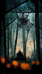 Creepy scene tangled up tree branches in front and old haunted cabin in back with orange lanterns or little lights in front, mysterious wood house building in a forest fog digital abstract painting