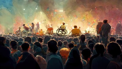 Obraz na płótnie Canvas Handicap Inclusion on Public Spaces, Rock Concerts, and Events, allowing people on wheelchair with equal conditions