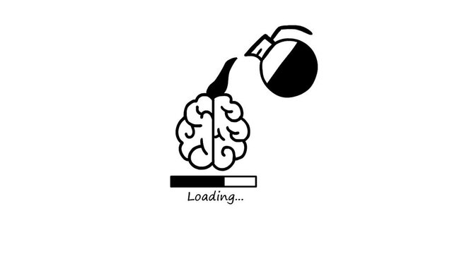 Image of a brain and a teapot with coffee. Loading. Brain recharge. 2D animation. Morning coffee. Start of the day. Good mood. Human health. Graphic symbol. Infographics. White background.