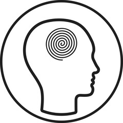 Human with spiral line in head. Ordered thoughts, calm mind and mental wellbeing icon.