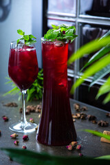 homemade lemonade with the taste of fresh red berries. Refreshing summer lemonade decorated with mint and ice in a glass. Lemonade on the background of a wall and green leaves. vertical photography