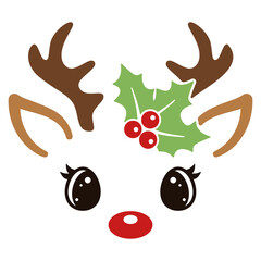 Cute reindeer face on white background. Holly plant with berries. Forest cartoon animal. Flat style design. Holiday print. Vector illustration. © Kristina