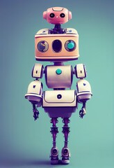 Spare part robot standing, full body portrait of a robot with blue background, 3d illustration