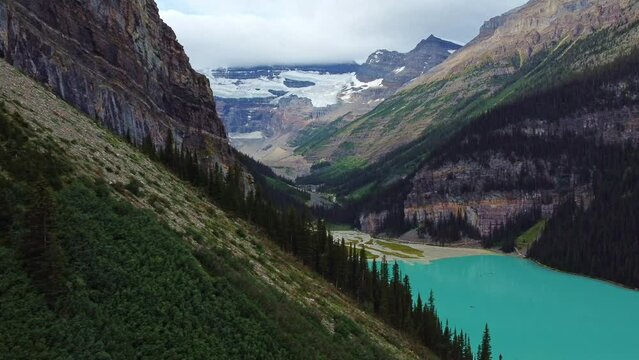 Aerial view of world-famous Lake Louise In Banff National Park, Canada