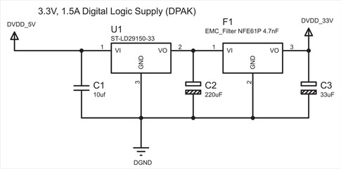 Digital logic power supply.
Schematic diagram of electronic device. 
Vector drawing electrical circuit with 
capacitor, ground and power symbols
and other electronic components.