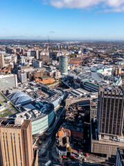 Vertical Aerial view of Birmingham Bullring in a cityscape skyline
