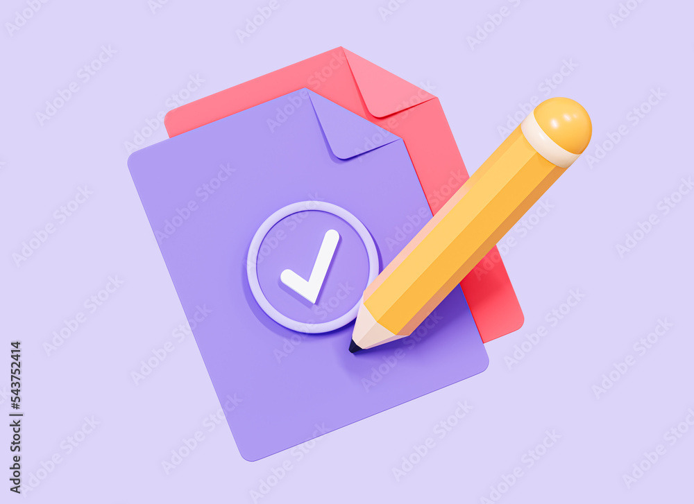 Poster 3d document paper with check mark and pencil. signature document. completed task or test. note with 