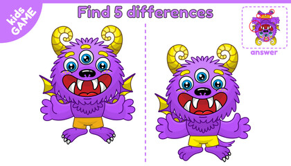 Find the differences. Childish educational puzzle with the answer. Cartoon cheerful monster. Vector illustration.