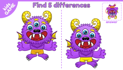 Fotobehang Find the differences. Childish educational puzzle with the answer. Cartoon cheerful monster. Vector illustration. © Alyona-Simona